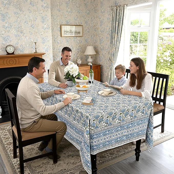 Ridhi Hand Block Print Asparagus Green Rectangle Cotton Tablecloth 160" x 72" Reusable Table Cover Decorative Everyday Use for Dining, Farmhouse, Home Gift for Spring, Easter, Valentine