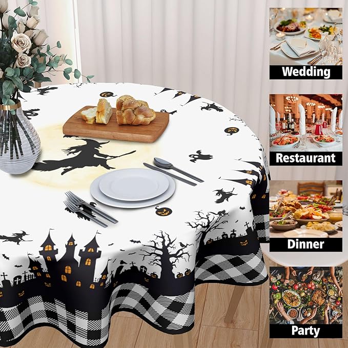 Halloween Tablecloth Round 60 Inch White and Black Castle Ghost Buffalo Plaid Table Cloth Rustic Holiday Table Cover for Kitchen Dinner Home Decor