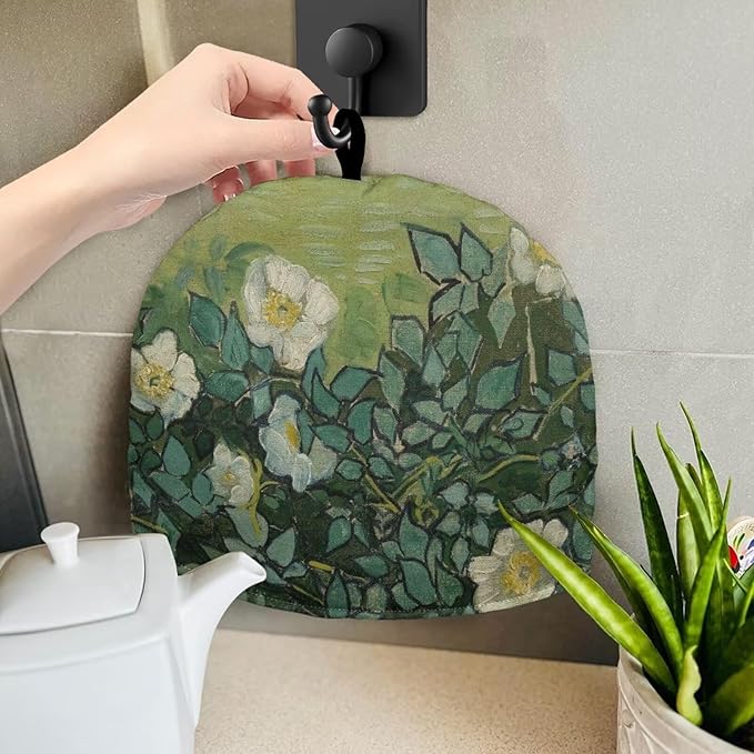 Tea Cozy for Teapots with Handle, Wild Roses Print Vintage Oil Painting Style Dust Cover, Hanging Fold-Up Design, Suitable for Kitchen and Living Room Table Decoration