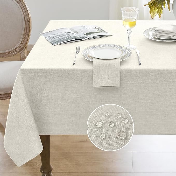 Softalker Large Cream Table Cloths Rectangular 60x104 inch Faux Linen Tablecloth Outdoor Waterproof Stain and Wrinkle Resistant Table Cover for 6/8 Foot Rectangle Dining Table for Party Graduation