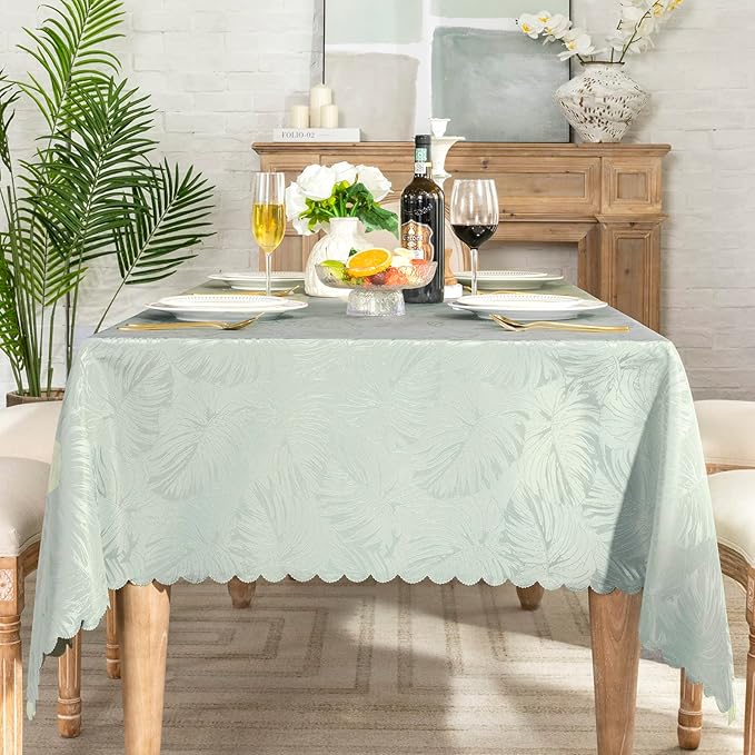Rectangle Tablecloth Jacquard Green Table Cloths Waterproof Washable Leaves Soft Woven Fabric Farmhouse Table Cover for Kitchen Dining Outdoor Birthday Party Banquet Decor (60x120In)