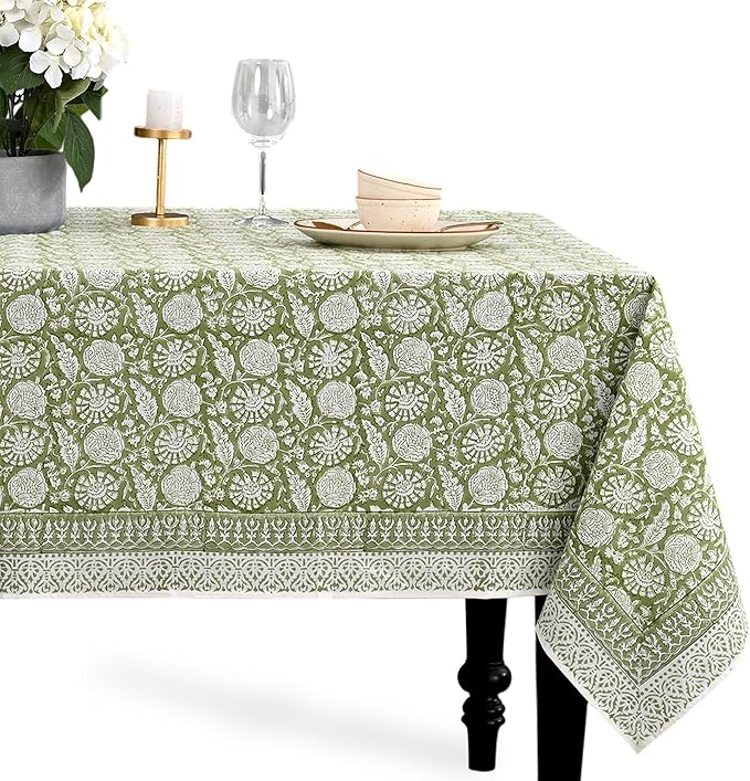 CPC Olive Bloom Tablecloth 100% Cotton 80x120 Inch Indian Block Print Rectangle Table Cover, Table Cloth for Gifting in Weddings, Halloween, Fall, Christmas, Thanksgiving