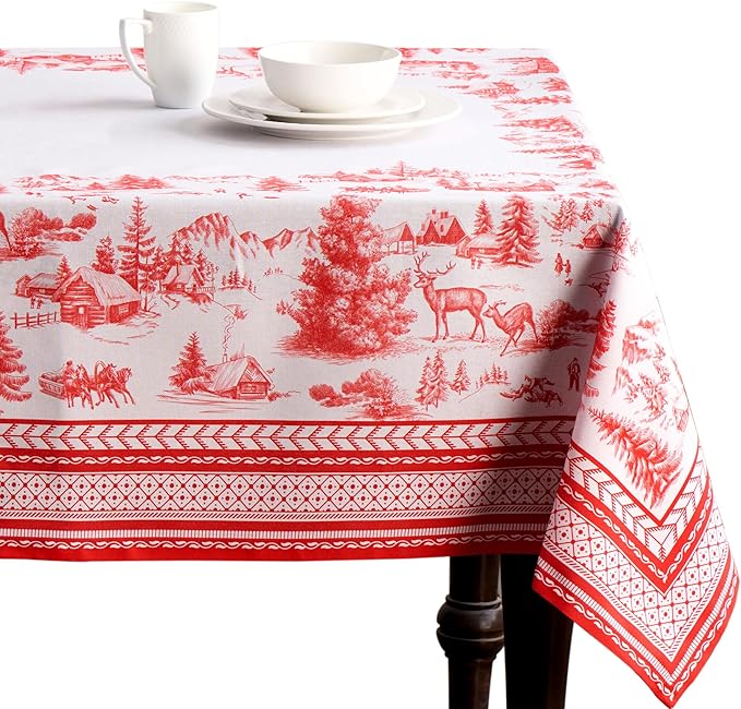 Maison d' Hermine Table Cloth Rectangle Table 100% Cotton 60 x 120 Inches Fall Tablecloth Reusable Everyday Use for Thanksgiving Christmas Decorations Dining Farmhouse Party (Winter Jouy)
