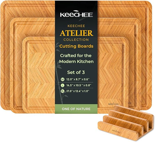 Atelier Collection Bamboo Cutting Board Set of 3, Reversible Wood Chopping Boards for Kitchen with Juice Grooves, Handcrafted Large Serving Tray, Luxury Housewarming Wedding Gifts for New Home