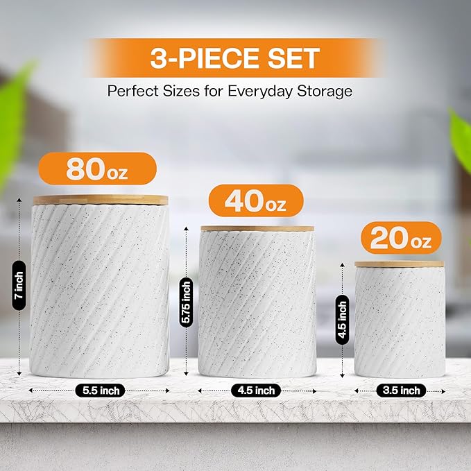 Ceramic Canister Set for Kitchen Countertop & Pantry – 3 Airtight Food Storage Containers for Flour, Sugar & More – Durable White Ceramic with Bamboo Lids