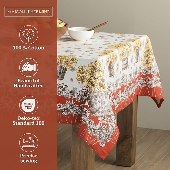 Maison d' Hermine Table Cloth Rectangle Table 100% Cotton 54 x 72 Inches Fall Tablecloth Reusable Everyday Use for Thanksgiving Christmas Decorations Dining Farmhouse Party (Bagatelle)
