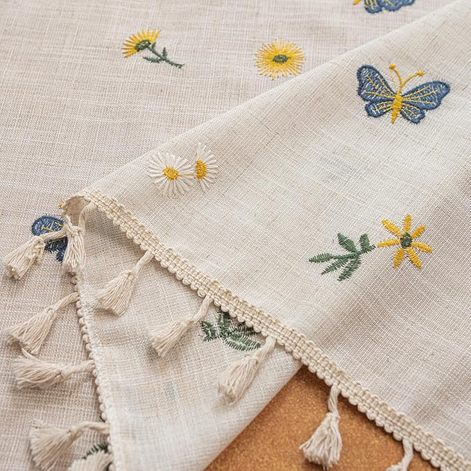 Polyester Linen Tablecloth with Tassels, Square Dining Table Sunflower Butterfly Flower Ginkgo Biloba Embroidered Tablecloth, Multiple Styles Boho Country Rustic Farmhouse Tablecloth 55x55 inches