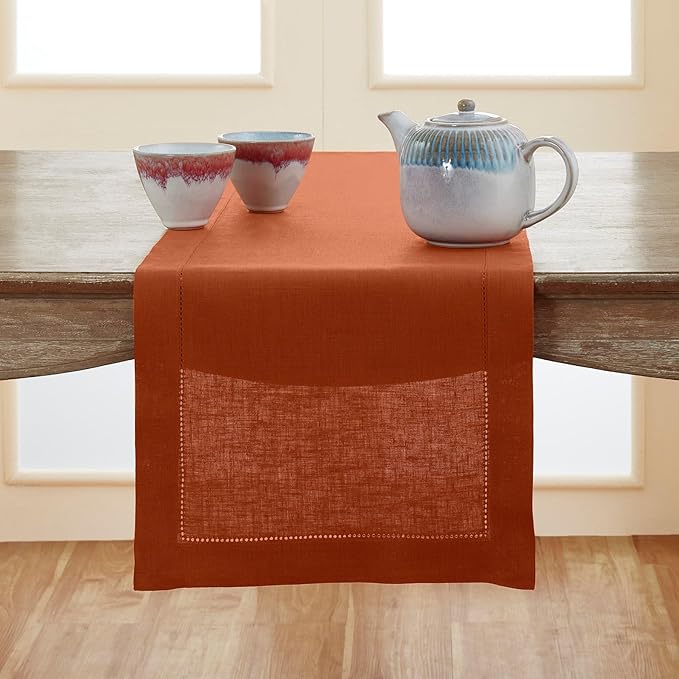 Solino Home Linen Cinnamon Table Runner 132 Inches Long - 100% Pure Linen Extra Long Table Runner 14 x 132 Inch - Classic Hemstitch