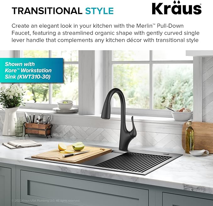 KRAUS Merlin Transitional Pull-Down Single Handle Kitchen Faucet in Matte Black, KPF-1674MB