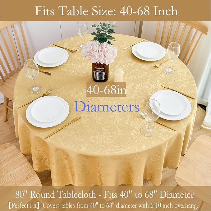 Round Tablecloth 80 Inch Fabric Table cloth Leaves Pattern Scalloped Edge Silky Soft Tablecloth Waterproof Wrinkle Resistant Washable Table Cover Dinning Party Banquet Decoration (Golden)