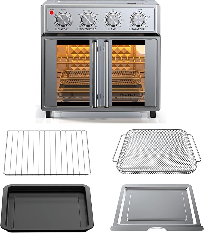 PlumChef 29.5QT Large capacity French Double-Door Air Fryer Convection Toaster Oven,1700W,7 Preset Menus,7-in-1 Multi-Function for Bake, Roast, Grill, Toast,Dehydrate& Defrost, Stainless Steel,silvery