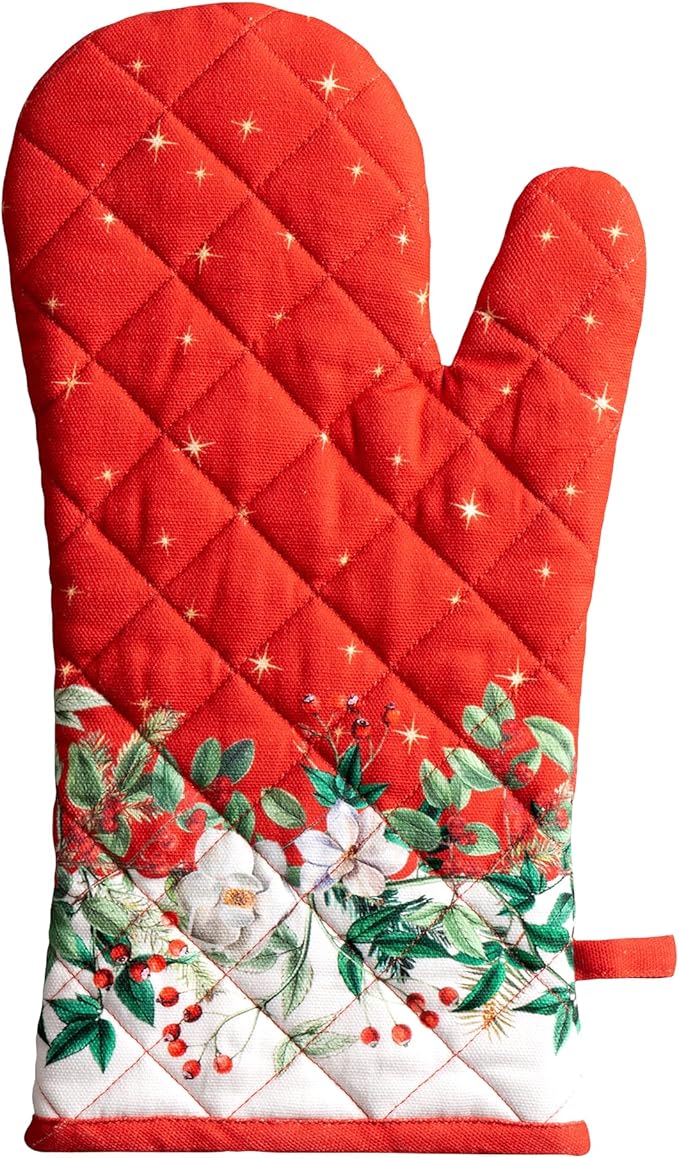 Maison d' Hermine Oven Gloves 100% Cotton Oven Mitt 7" x 13" with Loop Heat Resistant BBQ Cooking Gloves for Thanksgiving Christmas Decorations Baking Handling Hot Pans (Pack of 1, Noel)