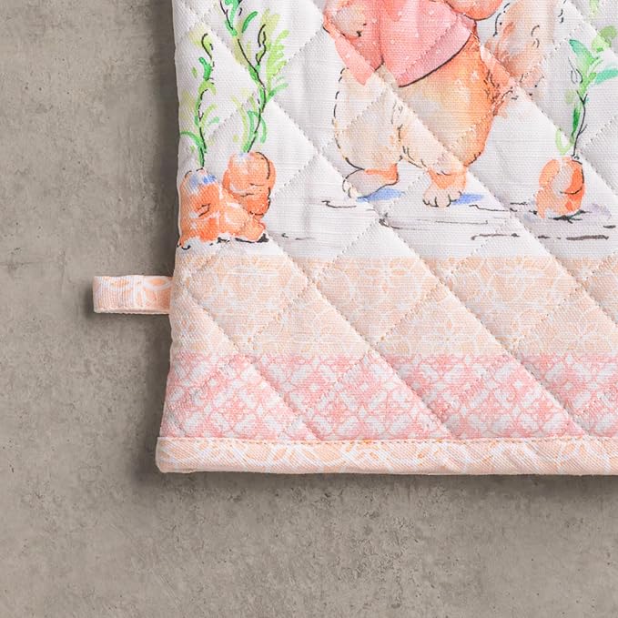 Maison d' Hermine 100% Cotton Oven Mitt & Pot Holder Set (7.5"x13" & 8"x8") Heat Resistant BBQ Cooking Gloves with Loop, Baking, Grilling, Kitchen, Handling Hot Pans Spring/Summer (Bunny Party)