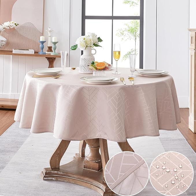 Round Table Cloth Jacquard Round Tablecloth 60 Inch Geometry Pattern Silky Soft Waterproof Wrinkle Resistant Washable Table Cover for Dining Kitchen Party Decoration (Light Brown)