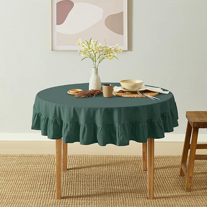 MONDAY MOOSE Ruffle Farmhouse Rustic Round Natural Stonewashed Cotton Tablecloth for Kitchen, Dining Room, Restaurant (60" Round, Teal Green)