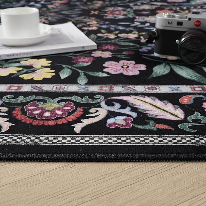Runner Rug Washable Kitchen Runner 2'x10' Rug Floral Non-Slip for Entryway Indoor Soft Carpet for Hallways, Kitchen, Laundry, Bedroom, Bathroom (Vibrant Black)