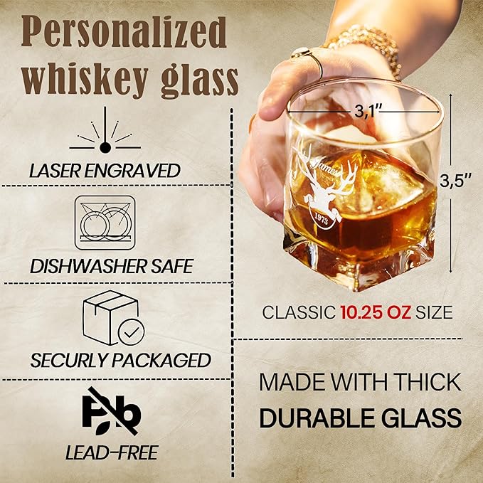 Personalized Engraved Whiskey Glass 10.25 oz – Etched Bourbon Glass with Heavy Base, Old Fashioned Cocktail Glass, Groomsmen & Father’s Day Gift (Whiskey Design 6)