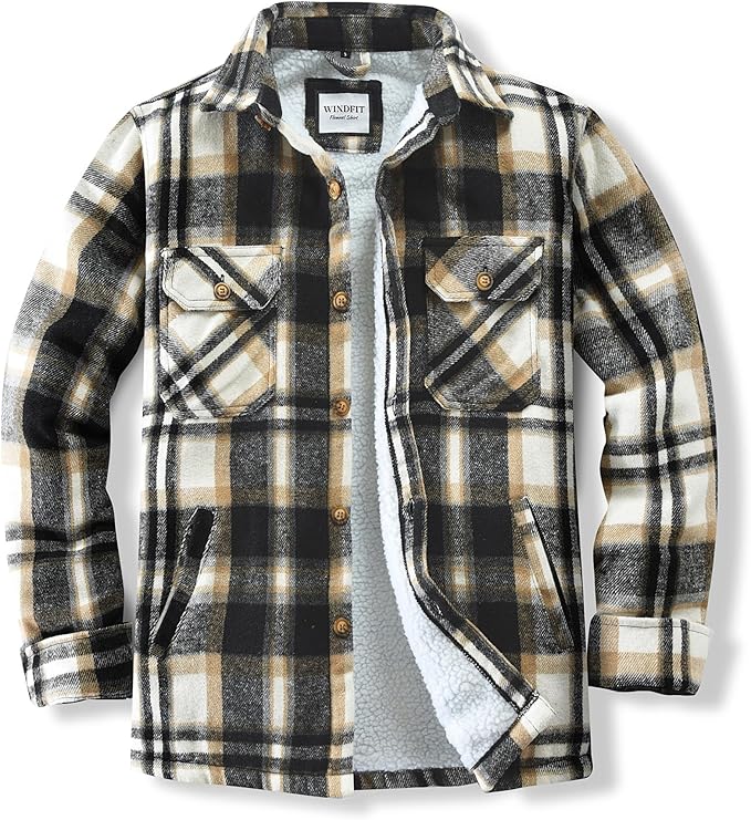 Men's Cotton Sherpa Lined Button Down Flannel Shirt Jacket Plaid Soft Outdoor Flannel Jacket Shirt