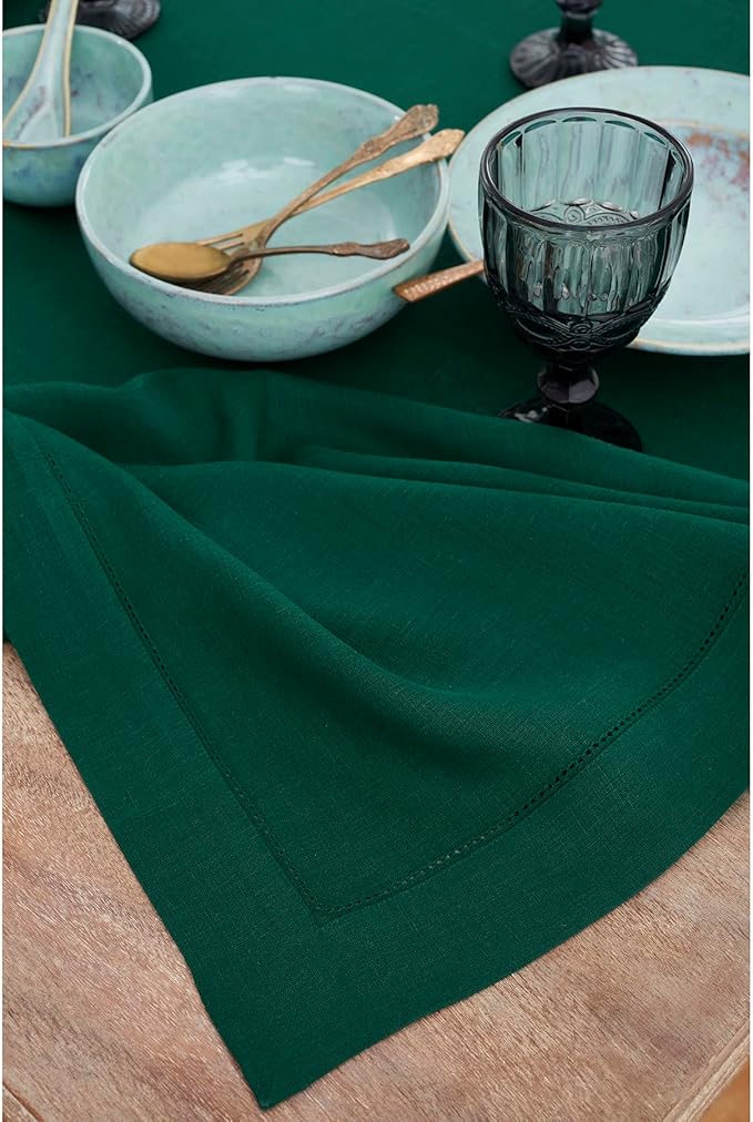 Solino Home Linen Tablecloth for Rectangle Tables 60 x 144 Inch - Classic Hemstitch 100% Pure Linen Rainforest Green Table Cloth - Machine Washable Cloth Tablecloth for Winter, St Patricks Day