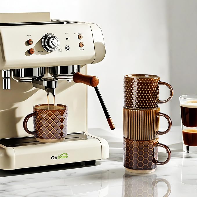 GBhome 8 OZ Stackable Coffee Mugs, Ceramic Coffee Mugs with Texture Patterns for Man,Woman,Dad,Mom, Modern Coffee Cups Set of 4 for Espresso/Cappuccino. Dishwasher&Microwave Safe,