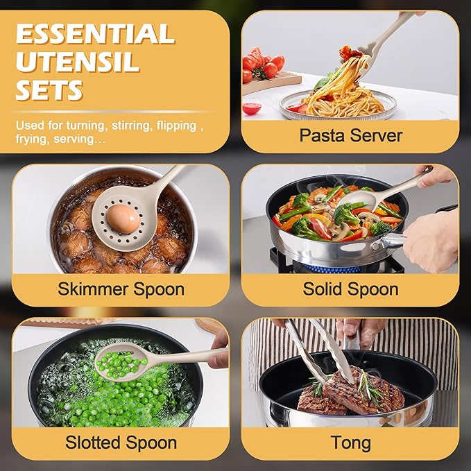 15-Piece Kitchen Cooking Utensils Set with Holder, Homikit Heat Resistant Food Grade Silicone Kitchen Utensils include Slotted Spatula Ladle Turner for Nonstick Cookware, Dishwasher Safe- Khaki
