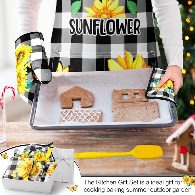 Hoolerry 6 Pcs Kitchen Apron Dish Towels Oven Mitts and Pot Holders with Spatula for Women Wife Grandma Cooking Baking Gifts