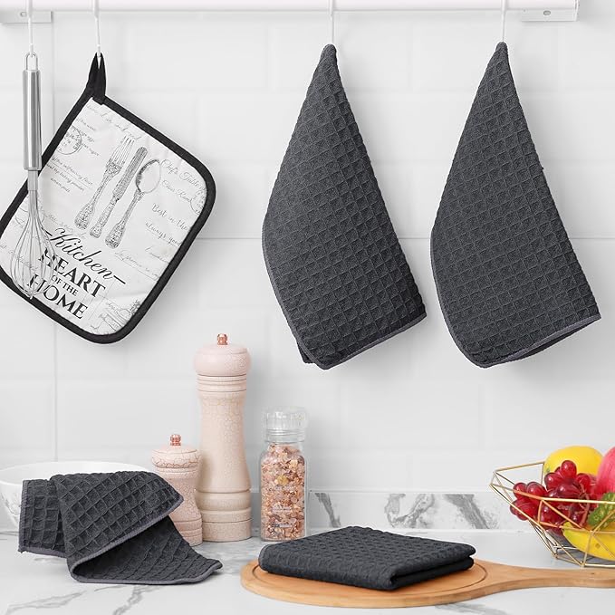 Homaxy Microfiber Waffle Weave Kitchen Towels Set, 16 x 28 Inch and 12 x 12 Inch Ultra Absorbent and Solid Color Dish Towels, 12 Pack, Dark Grey