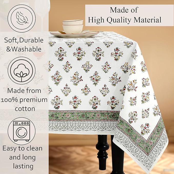 CPC Tablecloth 100% Cotton 72x140 Inch Indian Block Print Rectangle Table Cover, Green Table Cloth for Weddings, Spring/Summer, Barbeque - Forest Green
