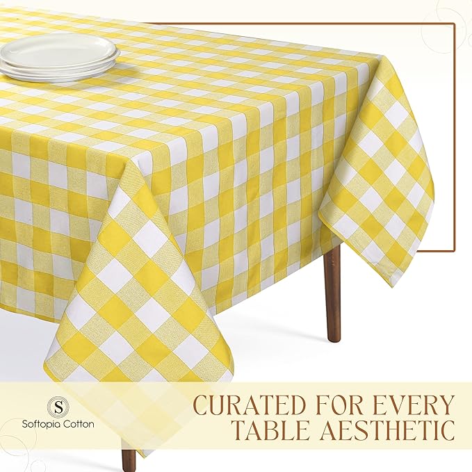 Lemon Yellow and White Buffalo Check Tablecloth, 52x70 Inches, Plaid Dining Table Cover, 100% Cotton, Washable, Reusable Table Linen for Holiday Gatherings, Wedding and Everyday Décor