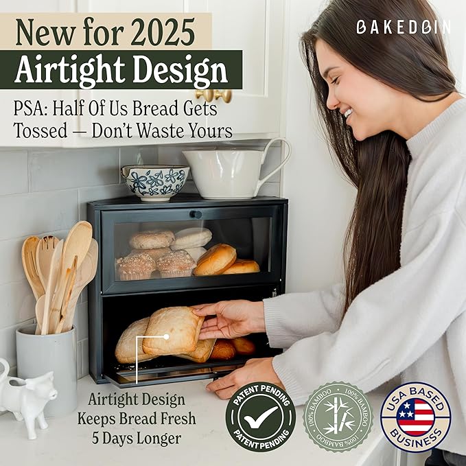 Corner Bread Box for Kitchen Countertop - New 2026 Airtight Design - Extra Large, Double Layer Black BreadBox, Vintage Storage for Homemade Bread, Under Cabinet Organizer