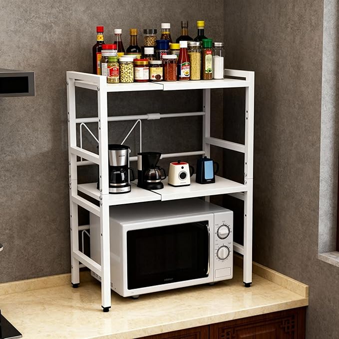 Microwave Oven Rack, Microwave Shelf Expandable Microwave Stand Countertop Kitchen Utensils, Bakers Rack, Carbon Steel Over Microwave Shelf Countertop with 6 Hooks (White, 3 Tier)