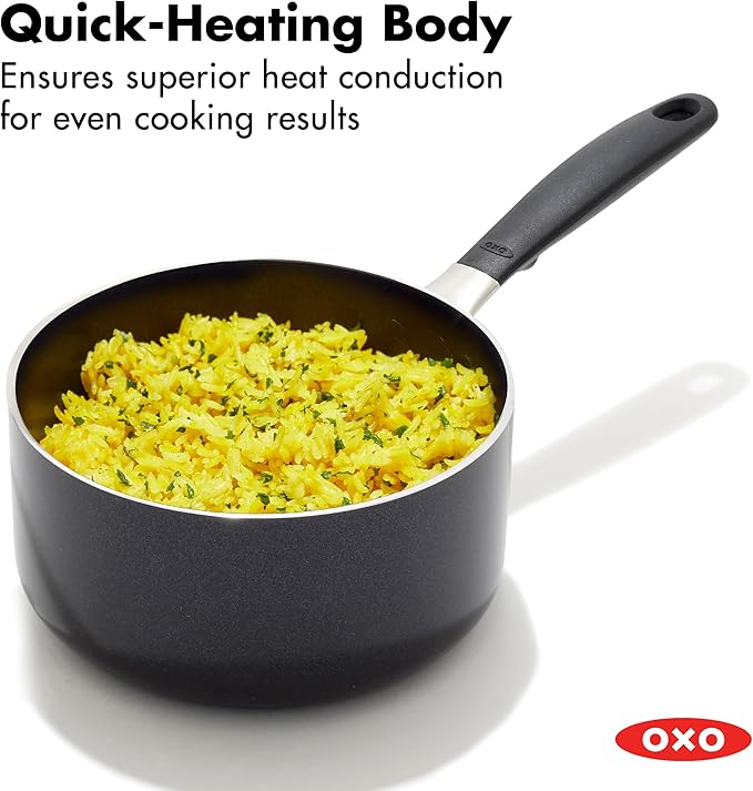 OXO 1.6QT Non-Stick Every Day Sauce Pan with Glass Lid, BPA-Free Comfort Grip Silicone Handle, Dishwasher & Oven Safe, PFAS-Free Ceramic Skillets, Sauce & Soup Chef Pot, Drip-Free, Black
