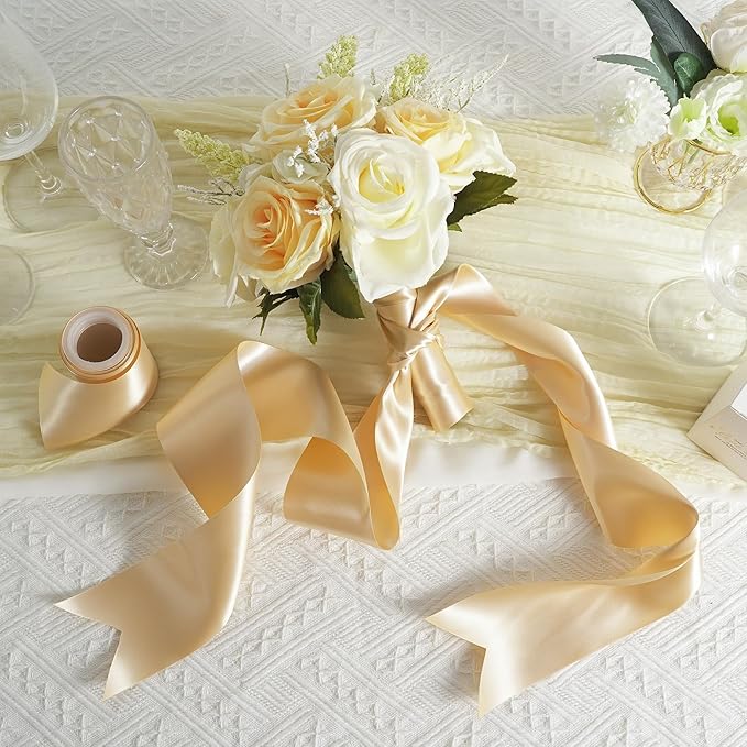 MEEDEE Champagne Satin 3 Inch Ribbon Lux Double Faced Satin Ribbon by 10 Yards Champagne Gold Ribbons Christmas Ribbons for Christmas Tree, Weddings, Flower Bouquet