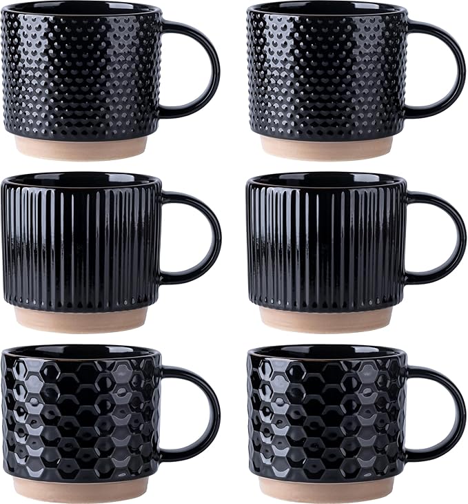 GBhome 12OZ Stackable Coffee Mugs Set of 6, Ceramic Coffee Mugs with Texture Patterns for Man,Woman,Dad,Mom, Modern Coffee Cups for Latte/Cappuccino/Cocoa. Dishwasher&Microwave Safe, Black