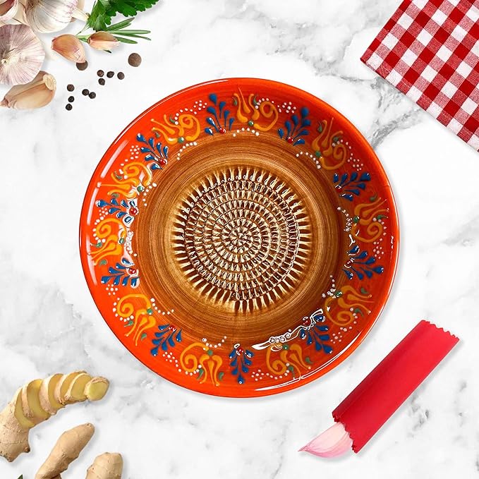 Ceramic Grater Bowl, Garlice Grater Plate, Handmade Ginger Grater, Mincer Bowl for Cheese &Vegetables, Ceramic Decorative Mincer, Hand Dish for Garlic (Sultan Orange)