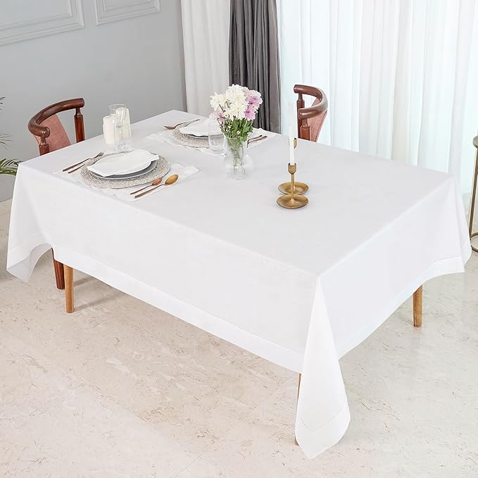 D'Moksha Homes White Linen Tablecloth 60 x 156 Inch - 100% Pure Linen White Tablecloth for Rectangle Tables - Classic Hemstitch, Machine Washable Table Cloth for Valentines, Spring, Easter