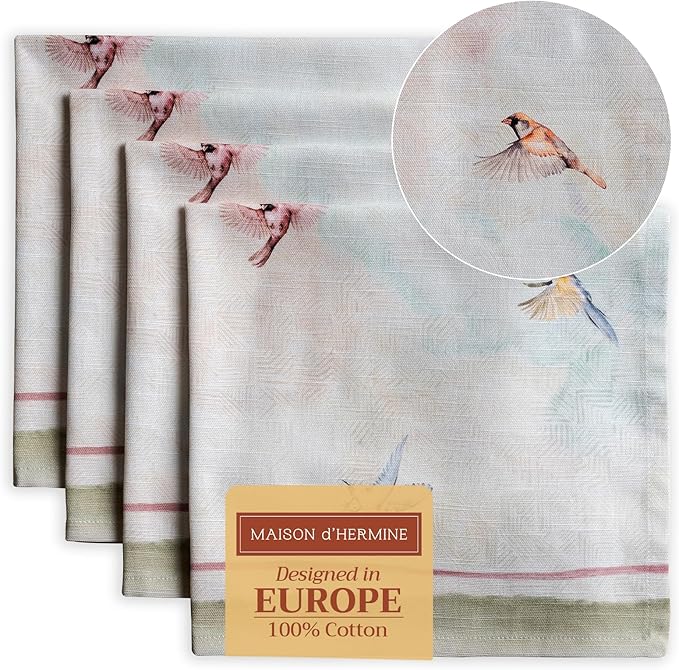 Maison d' Hermine Cloth Napkins Set of 4 100% Cotton Everyday Reusable Square Napkins Cloth Washable Dinner Party Wedding Restaurant Valentines Day Decorations Spring/Summer (Flying Birds, 20" x 20")