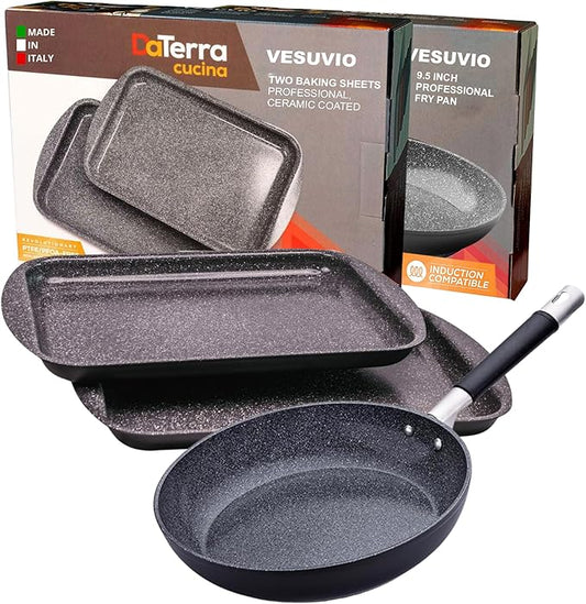 DaTerra Cucina Nonstick Weekday Bundle – 9.5" Frying Pan, Twin Baking/Cookie Sheets – Oven Safe, PTFE & PFOA Free, Ideal for Frying, Roasting and Baking - Made in Italy, Volcanic Black Ceramic