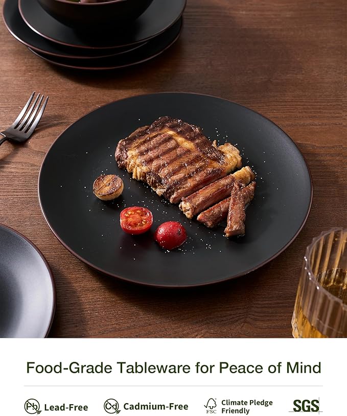 Famiware Venus Speckled Dinnerware Set with Pasta Bowls, Service for 4 (16 Pieces), Stoneware Plates and Double Bowls Sets, Microwave & Dishwasher-Safe Dishes with Trim, Matte Multi-color