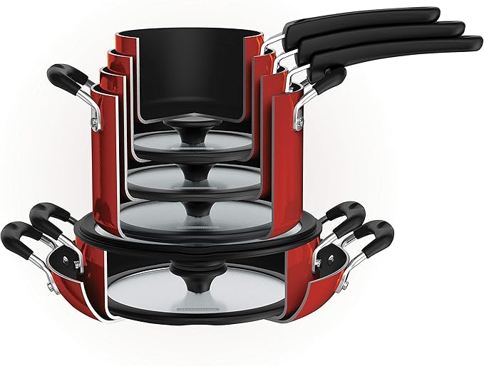 Tramontina Aluminum Non Stick 11-Piece Nesting Pots and Pans Set with Lids - Red, Kitchen Nonstick Cookware Set, Dishwasher and Oven Safe