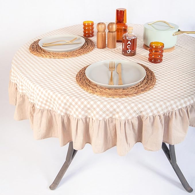 MONDAY MOOSE Gingham Checkered Farmhouse Rustic Ruffle Style Decoration Round Natural Stonewashed Cotton Tablecloth for Kitchen, Dining Room, Restaurant (60" Round, Beige)