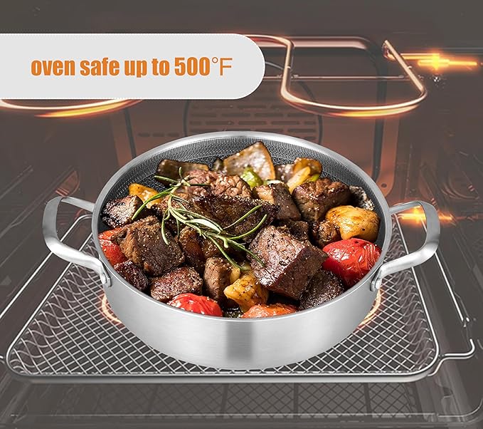 Inqibee 5 QT Hybrid Tri-Ply Stainless Steel Ceramic Non Stick Sauté Pan with Lid,Induction Cooking Pot,Large Skillet,Dishwasher and Oven Safe