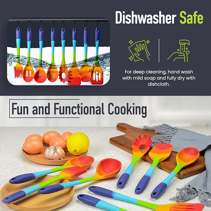 9-Piece Rainbow Silicone Spatula Set with Tongs – Multicolor Heat-Resistant Cooking Utensils for Nonstick Cookware – Flexible Turner, Spoon, Spatula, Brush, FDA Safe