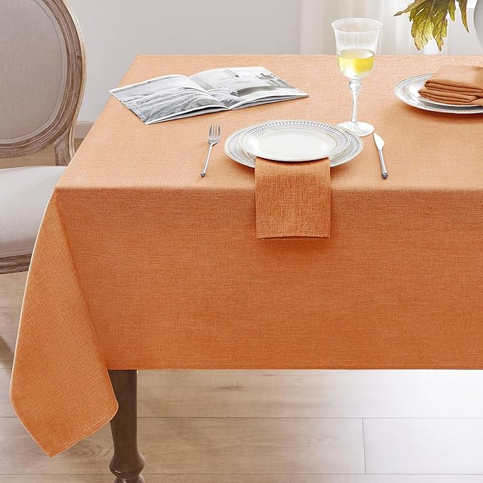 Softalker Extra Lang Table Cloth for 6/8 Foot Rectangle Table 60x120 inch Orang Faux Linen Tablecloth Outdoor Waterproof Stain and Wrinkle Resistant Table Cover for Fall Garden Party Decor Tabletop
