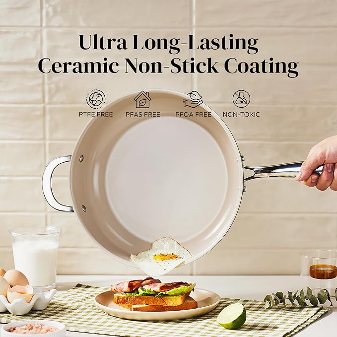 Redchef Ceramic Saute Pan with Lid, Nonstick Deep Frying Pan, 5QT Jumbo Cooker with Helper Handle & Lid, Non Toxic Ceramic Cooking Pan, Chef Pan, Dishwasher & Oven Safe, PFAS PFOA & PTFE Free（Green）