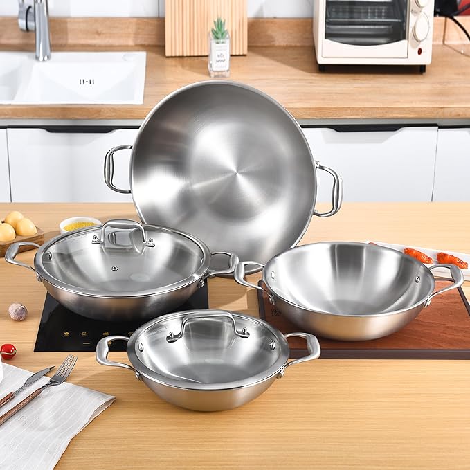 LOLYKITCH 10 Inch Tri-Ply Stainless Steel Wok Pan with Lid,2.5 QT Induction Cooking Pot,Dishwasher and Oven Safe