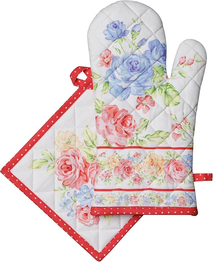 Maison d' Hermine 100% Cotton Oven Mitt & Pot Holder Set (7.5"x13" & 8"x8") Heat Resistant BBQ Cooking Gloves with Loop, Baking, Grilling, Kitchen, Handling Hot Pans Spring/Summer (Vintage Floral)