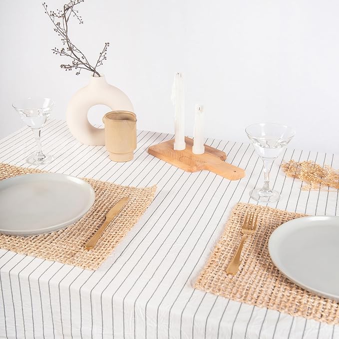 MONDAY MOOSE Striped Farmhouse Picnic Style Decoration Rectangle Natural Stonewashed Cotton Tablecloth for Kitchen, Dining Room, Restaurant (60x86 inch, White/Black Stripes)