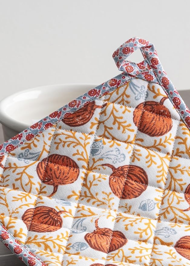 Maison d' Hermine Pot Holders Set 100% Cotton Heat Resistant Potholders 8" x 8" Hot Pads with Loop for Thanksgiving Christmas Decorations BBQ Baking Handling Hot Pans (Pack of 2, Harvest Festival)
