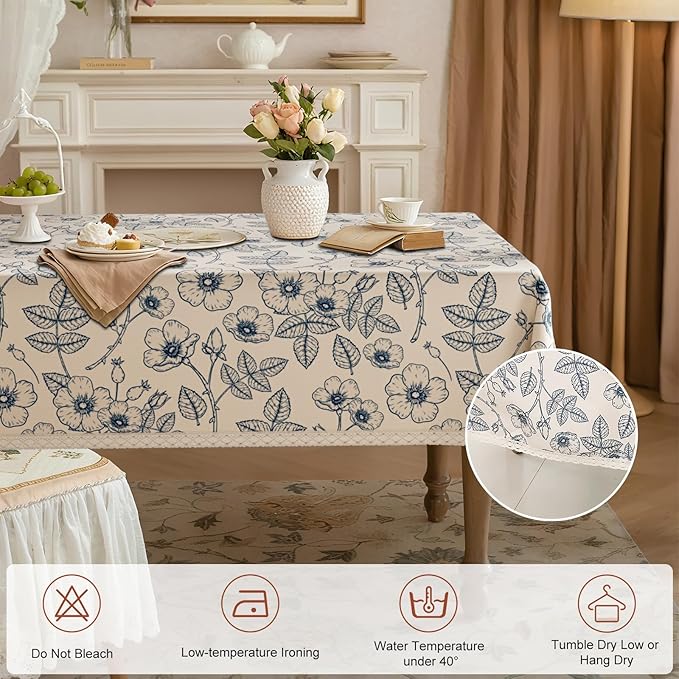 French Vintage Floral Tablecloth Rectangle, Heavy Duty Linen Table Cloth with Blue Flowers and Leaves Pattern, Waterproof Table Cover with lace for Dining Party Holiday, 55''x 70''